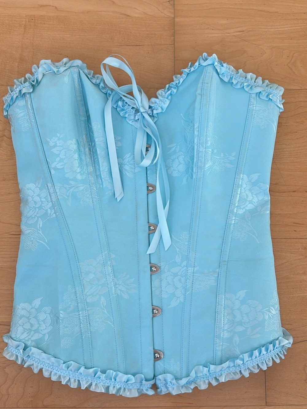 Light Blue Floral Satin Corset Bodysuit with Ruffle Trim